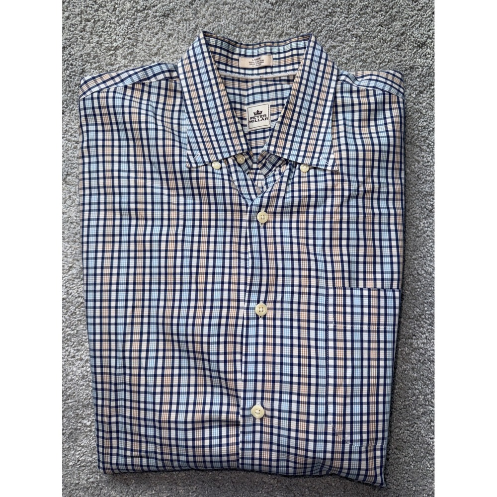Peter Millar Men Large Blue Tan Plaid Check Cotton Button Down Long Sleeve Shirt